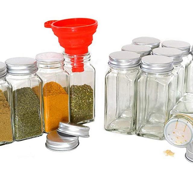 nicebottles Clear Glass Spice Jars, 4 Oz, Square with Silver Lids and Silicon Funnel, Case of 12