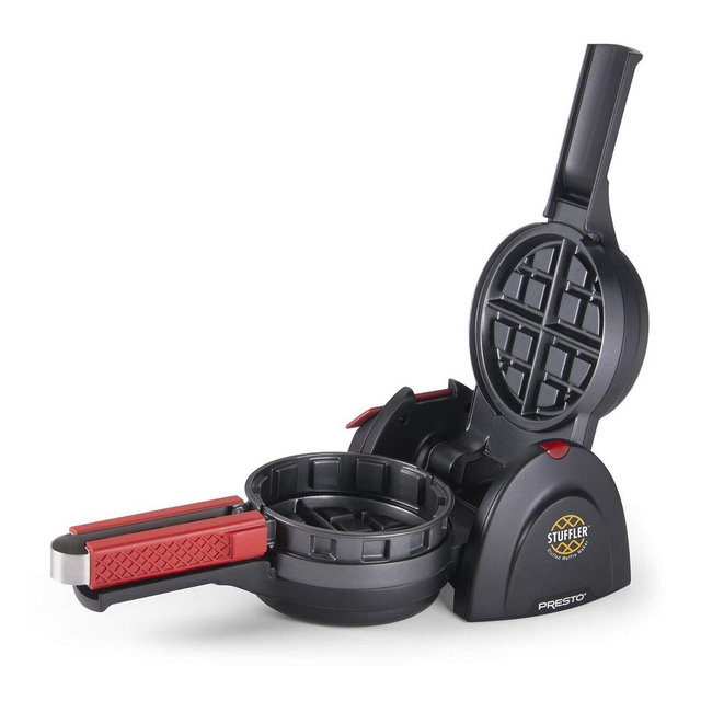 Presto Stuffler Stuffed Belgian Waffle Maker, Nonstick Interior Versatile Kitchen Appliance with Built-In Tongs, Large, Black