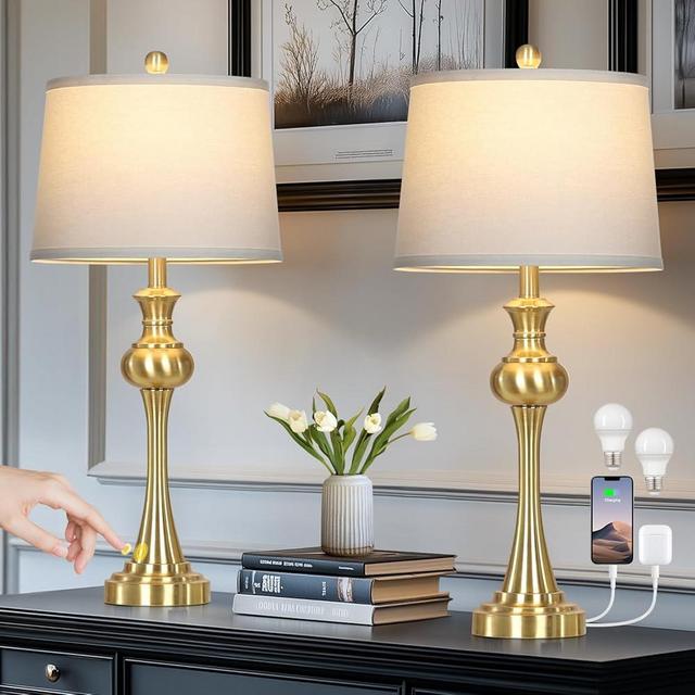 28.75" Gold Table Lamps for Living Room,Touch Lamps for Bedrooms Set of 2 - Nightstand Table Lamp with USB C+A, 3 Way Dimmable Bedside Lamps End Tables, Antique Brass