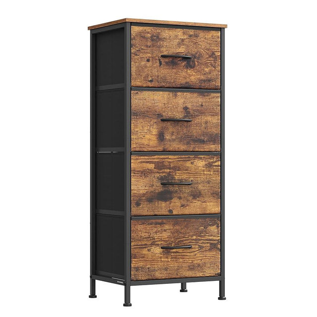 SONGMICS Dresser for Bedroom, Chest of Drawers, Steel, MDF, 4 Non-Woven Fabric Drawers, Storage Organizer Unit, Closet, Entryway, Rustic Brown and Ink Black LGS314B02S