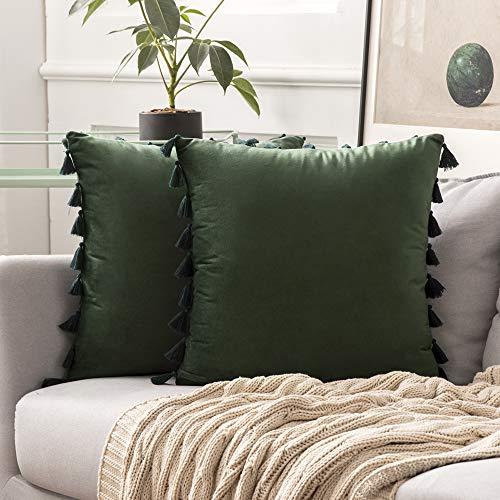 MIULEE Pack of 2 Velvet Soft Solid Decorative Throw Pillow Cover with Tassels Fringe Boho Accent Cushion Case for Couch Sofa Bed 18 x 18 Inch Army Green