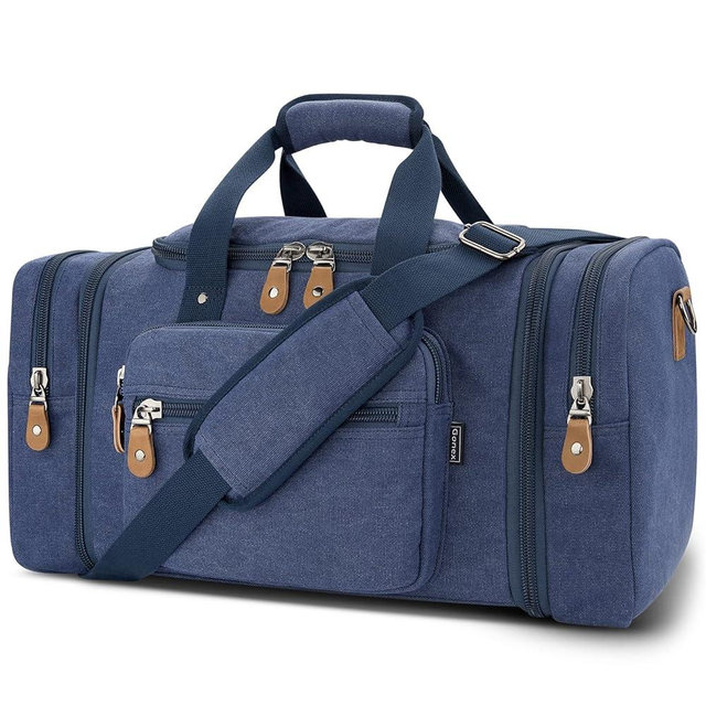 Gonex Canvas Duffle Bag for Travel 60L Expandable Duffel Weekend Overnight Bag men (Blue)