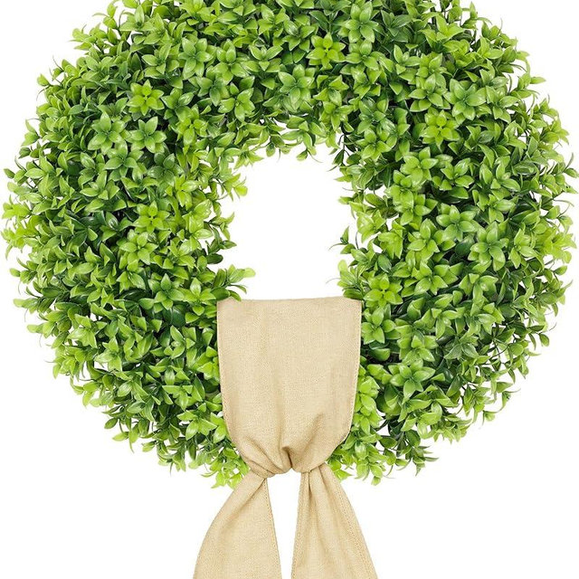 Vlorart 20 Inch Boxwood Wreaths for Front Door, Artificial Spring Wreath for Wall Farmhouse Wedding Porch Green Wreath with Sash Year Round Indoor Outdoor for Summer Farmhouse Wreaths Home Decorations