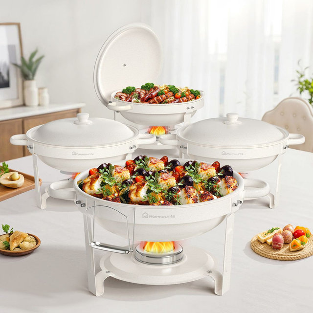 Warmounts 5QT 4-Pack White Maifanite-Coated Chafing Dish Buffet Set Food Warmer with Steel Lids & Holders