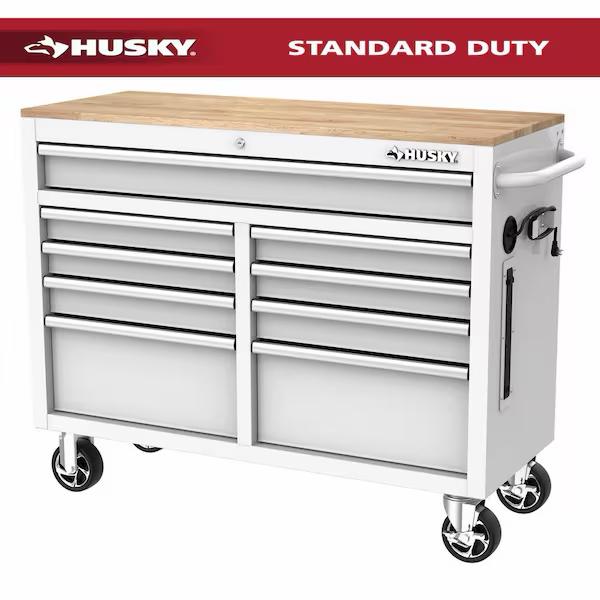 Husky Tool Storage 46 in. W x 18 in. D 9-Drawer Gloss White Mobile Workbench Cabinet H46X18MWC9WHT