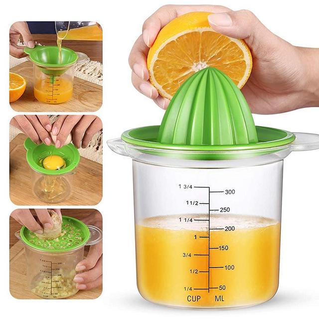 KeeKit Citrus Lemon Orange Juicer, 5 in 1 Manual Hand Squeezer for Oranges, Lemons & Limes, Multifunctional Manual Juicer with Built-in Funnel, Grater, Egg Yolk Separator and Measuring Cup - Green