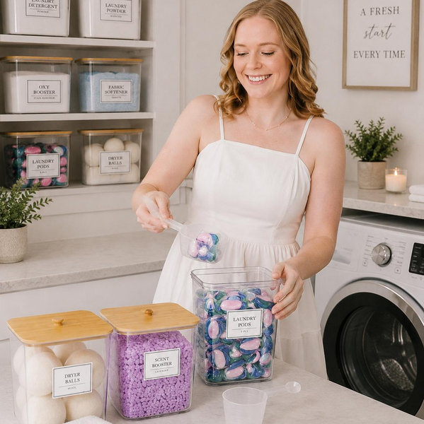 4+1 Pack Laundry Room Organization Containers,Clear Laundry Pods Container,Large Laundry Detergent Powder Storage Containers with Wooden Lids & Labels,Laundry Pods Holder for Scent Booster,Powder,Pods