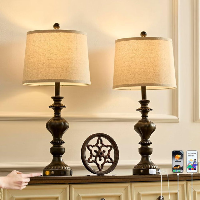 SAIWEYA 27.5" Farmhouse Table Lamps Set of 2 Bedside Lamp with USB C+A Ports & AC Outlet, 3 Way Dimmable Touch Lamps for Living Room Bedroom Office Hallway Rustic Nightstand Traditional Lamp