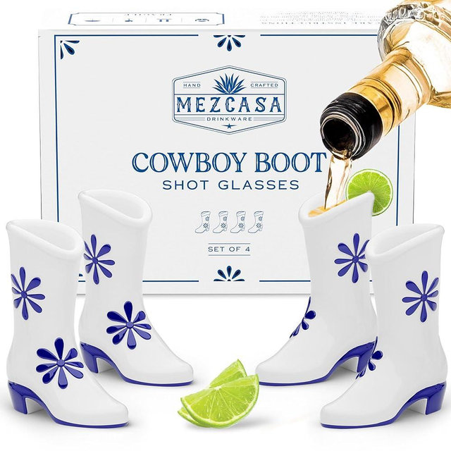 MEZCASA Cowboy Boot Shot Glasses — 100% Handmade Ceramic Cowgirl Bachelorette Shot Glasses Set — Perfect for Nashville Bachelorette Party Decorations (Blue | Set of 4)