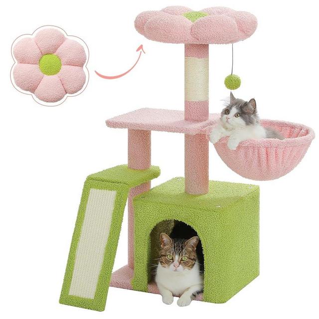 PETEPELA Flower Cat Tree for Indoor Cats, 32'' Small Cat Tower Cat Condo with Sisal Scratching Ramp, Cozy Hammock and Removable Flower Bed Perch for Kittens, Pink
