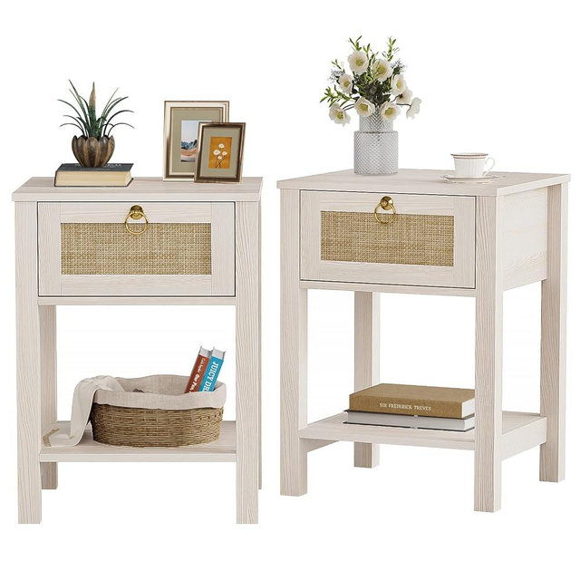 Eclatara Rattan White Nightstand Set of 2: Sturdy Wood Night Stand with Rattan Decor Drawer, Farmhouse Nightstand Bedside Table Boho End Tables Side Tables for Bedroom Home Office