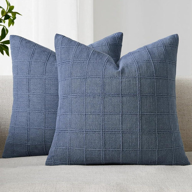 Woaboy Linen Check Throw Pillow Covers Set of 2 - Blue Farmhouse Modern Boho Vintage Decorative Cushion Covers for Sofa Couch Bedroom Living Room Decor 18x18 Inch