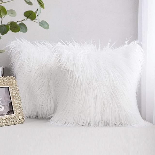 AerWo Fur Throw Pillows Fluffy Pillow Covers, Set of 2 Faux Mongolian Style Plush Cushion New Luxury Series Merino Style Decorative Pillows Case for Couch Bed Living Room Car Chair, 18" x 18", White
