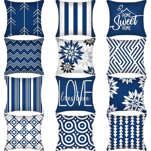 Flutesan 12 Pcs Decorative Throw Pillow Cover 18 x 18 Inch Modern Sofa Pillow case Geometric Floral Linen Square Cushion Covers for Home Living Room Bedroom Couch Chair(Blue)