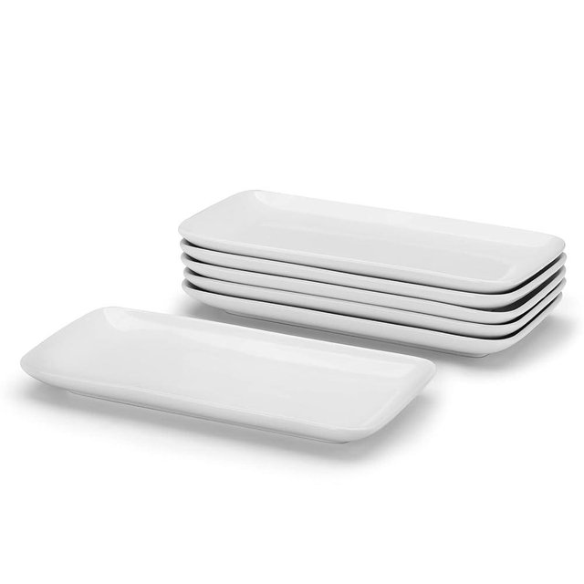 Miicol 9 Inch Rectangle Serving Platter, White Ceramic Rectangular Plates for Party Food, Appetizer, Dessert, Cake, Sushi, Set of 6, Stackable