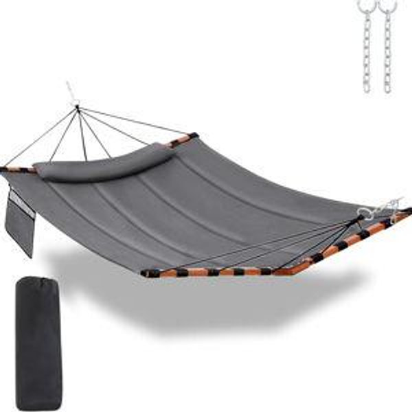 TegerDeger 12FT 2 Person Hammock Large Hammock 450LB Capacity with V Shaped Hardwood Spreader Bar & Nylon Rope for Outside, Patio, Garden, Backyard, Beach, Poolside - Gray