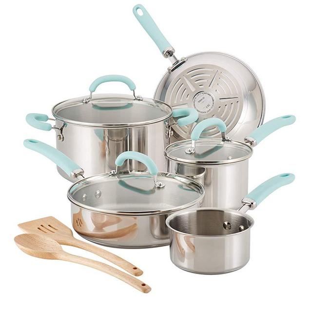 Rachael Ray 70412 Create Delicious Cookware Pots and Pans Set, 10 Piece, Stainless Steel with Light Blue Handles