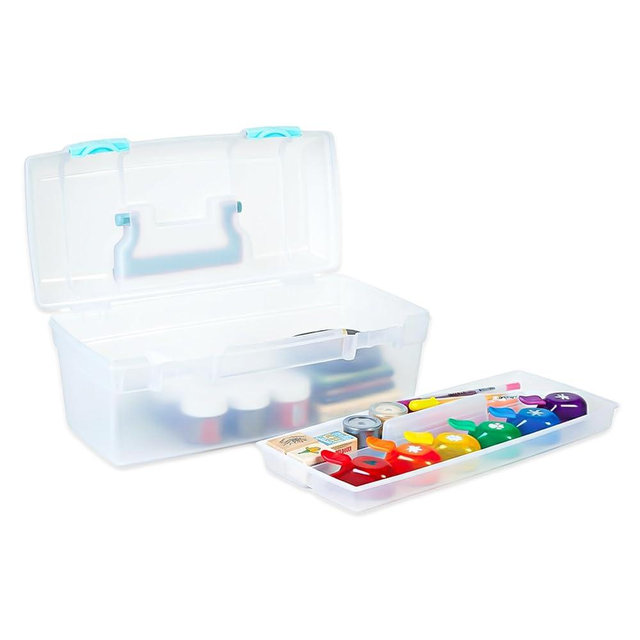 ArtBin 6937AG Essentials Lift-Out Tray Box, Portable Art & Craft Organizer with Handle and Tray, Clear/Aqua