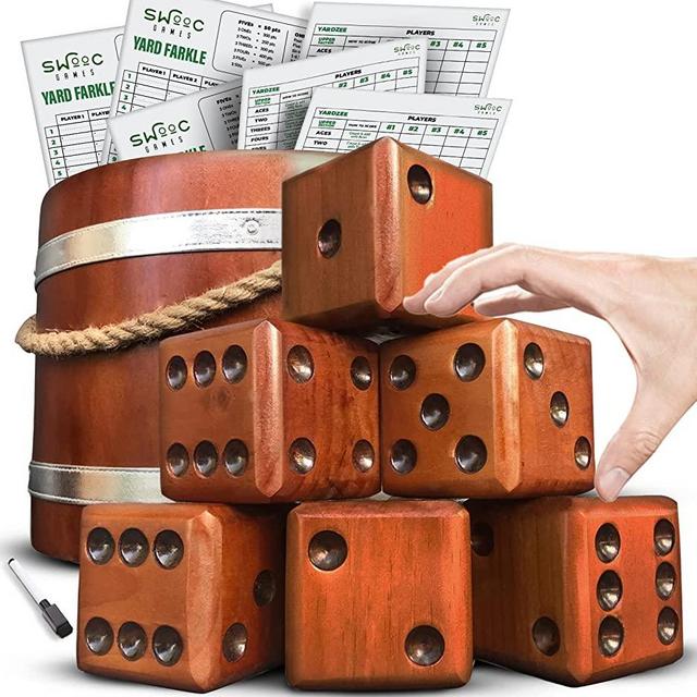SWOOC Games - Yardzee, Farkle & 20+ Games - Light-Weight Yard Dice Game Set (All Weather) with Wood Bucket, 5 Big Laminated Score Cards, and Marker (Choose 2.5in or 3.5in Dice) Yard Games for Family