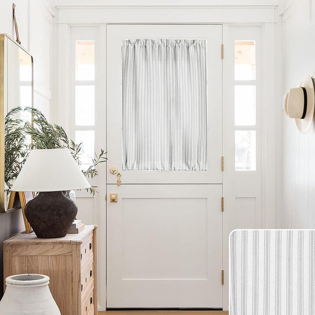 Door Curtains for Front Door Glass Window,Striped Sheer Linen 40 Inch Short Curtains for Small Windows,Farmhouse Ticking Stripe Print Privacy Curtains 25x40 in Length,Light Grey and White