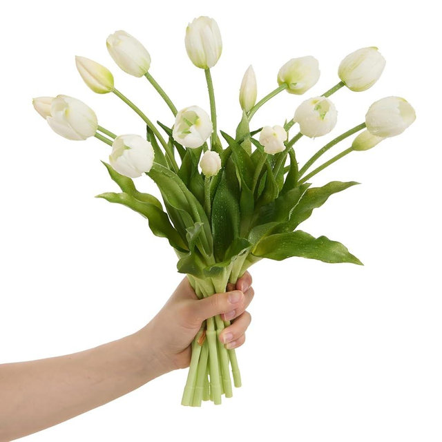 Amore Florals 15 Pcs White Tulips Artificial Flowers Faux Tulips Real Touch Latex Fake Flower Bouquet for Spring Wedding Home Décor Centerpiece Arrangements