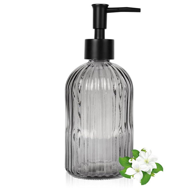 14Oz Black Pump Glass Soap Dispenser, Gray Stripe Countertop Refillable Liquid Bottle Hand Dish Lotion Dispenser with Plastic Pump, for Kitchen, Bathroom
