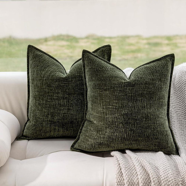 DWR Decorative Throw Pillow Covers Set of 2, 20x20 Crinkled Chenille Textured Cushion Covers for Couch, Sofa or Bed, Modern Rustic Home Accent in Dark Sage