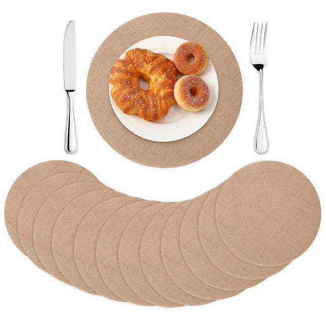 SEPGLITTER 12 Pcs Round Burlap Placemats Bulk 11.8 inches Brown Reusable Natural Jute Table Mats for Wedding Dinner Party Farmhouse Dinner Table Decor