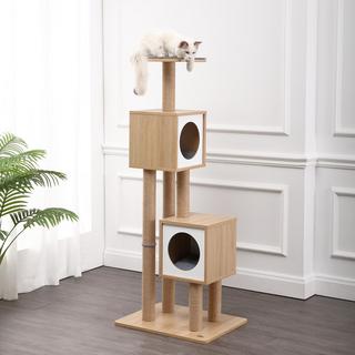 Sawyer 3-Tier Minimalist Jute Cat Tree Condo with Cat Caves & Fuzzy Toy