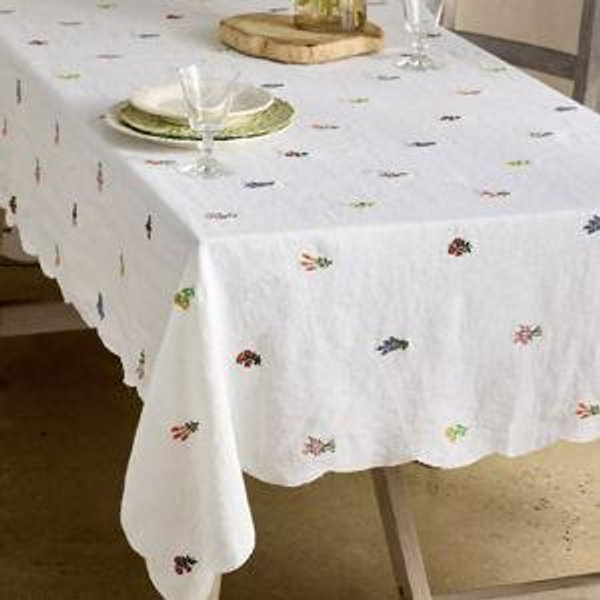 Embroidered Floral Linen Tablecloth