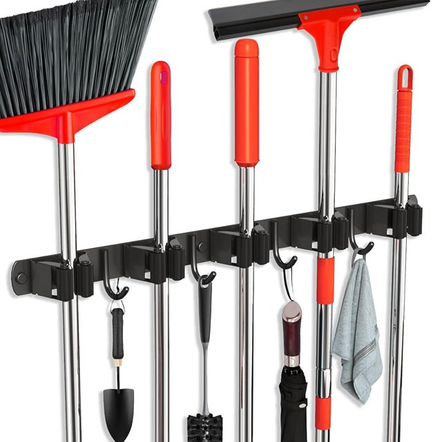 FODARSAI Mop and Broom Holder Wall Mount, Upgraded Broom Hanger Wall Mount, Stainless Steel Broom Organizer for Closet Garage Laundry Room Kitchen Wall Decor(5Racks 4Hooks Black)