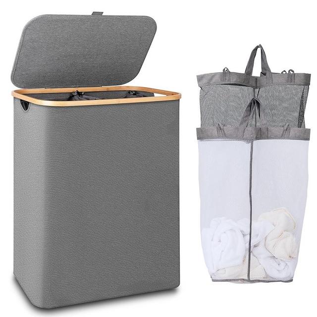 iEGrow 150L Laundry Hamper with Lid-Large Laundry Basket with Bamboo Handles, Grey Hampers for Laundry, Dirty Clothes Hamper with 2 Removable Inner Bags for Clothes Toys Towels