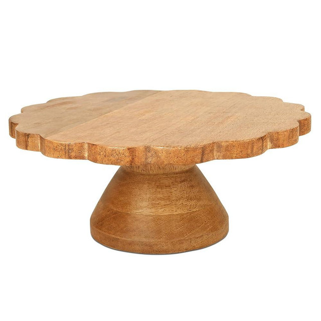 “Scallop” Footed Wood Cake Stand (Mangowood, Natural) - Handcrafted Cake Display Decor - Round Cake & Cupcake Stand for Kitchen or Dining Table Centerpieces - Decorative Cake Platter - 12” x 4” x 5”