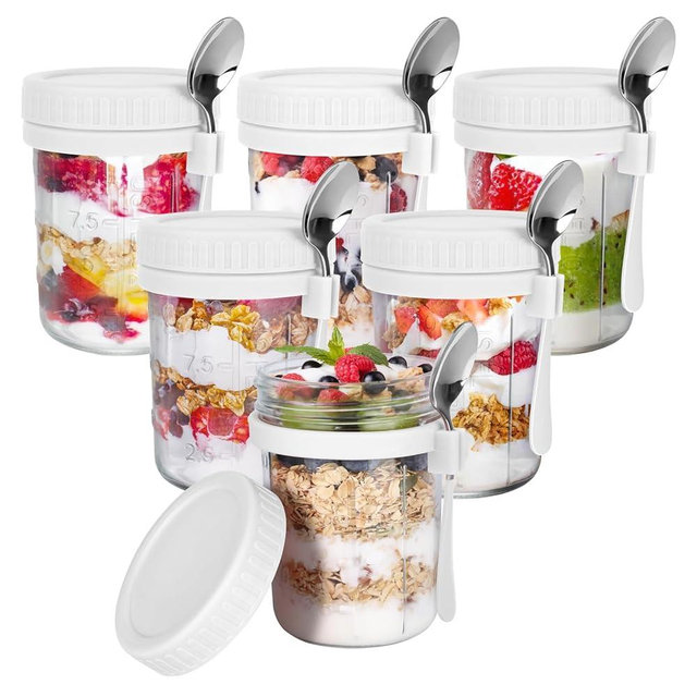 OcePor 6 Pack Overnight Oats Containers with Lids and Spoons, 16 OZ Glass Mason Overnight Oats Jars, Large Capacity Airtight Jars for Milk, Cereal, Fruit(White)