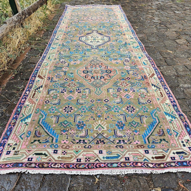 Authentic Organic Home Decor, Green Handwoven Turkish Runner Rug 3x10, Oriental Hallway Runner Carpet, (39"x124")