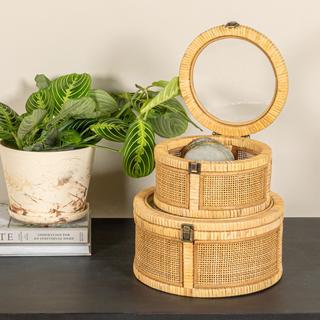 Rattan & Bamboo 2-Piece Round Storage Box Set with Glass Lid