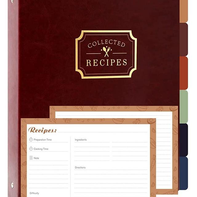 Leather Recipe Binder 10.5"x12.5" with Recipe Cards 5.7"x8" & Plastic Protectors& Dividers with tabs, 1.5 inch 3 Ring Binder Recipes Organizer Kit to Write in Your Own Recipes