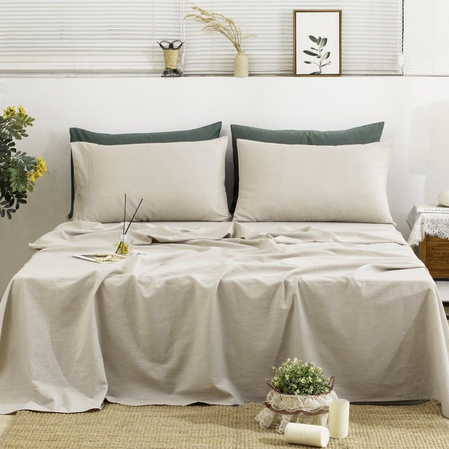 TUMEI 100% Linen Sheets Set King Size - 4Pcs Bedding King Linen Sheets Soft Breathable and Durable Deep Pocket Fitted Sheet & Flat Sheet & 2 Pillowcases,Natural Linen King Size