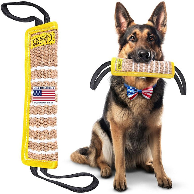 Dog Bite Tug Toy 12 x 3.2 Inches - Durable Pull Toy with 2 Soft & Strong Handles - Tough Jute Bite Pillow for Medium to Large Dogs - Ideal for Tug of War, Fetch, K9, Puppy Training & Interactive Play