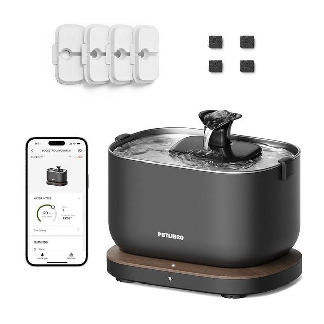 Bundle of PETLIBRO App Monitoring Cat Water Fountain with Wireless Pump, 2.5L/84oz Dockstream Pet Water Fountain for Cats Inside + 4 Packs Replacement Filters