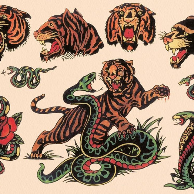 ART.COM Wall Art Print Tigers & Snakes Authentic Tattoo Flash by Norman Collins, aka, Sailor Jerry, 24" x 18"