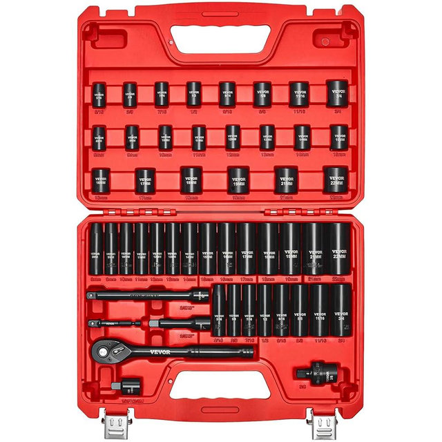 VEVOR Impact Socket Set 3/8" Drive, 50-Piece Standard SAE (5/16 to 3/4 inch) & Metric (8 to 22 mm) Size, Deep & Shallow, 6 Point, CR-V, Extension Bars, Universal Joint, Reducer, Hex Shank Adapter