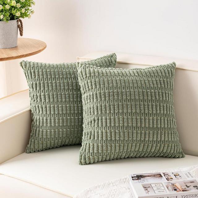 Aegero Pack of 2 Corduroy Decorative Throw Pillow Covers 20x20 InchSoft Boho Striped Pillow Covers Modern Farmhouse Home Decor for Sofa Living Room Couch Bed（Sage Green）