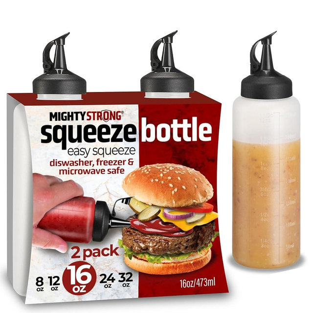 Condiment Squeeze Bottles for Sauces and Liquids – 16 oz Plastic Refillable Squirt Bottles for Ketchup, Oils, and Condiments – Multipurpose Condiment Containers for Kitchen, BBQ & Cooking - 2 Pack