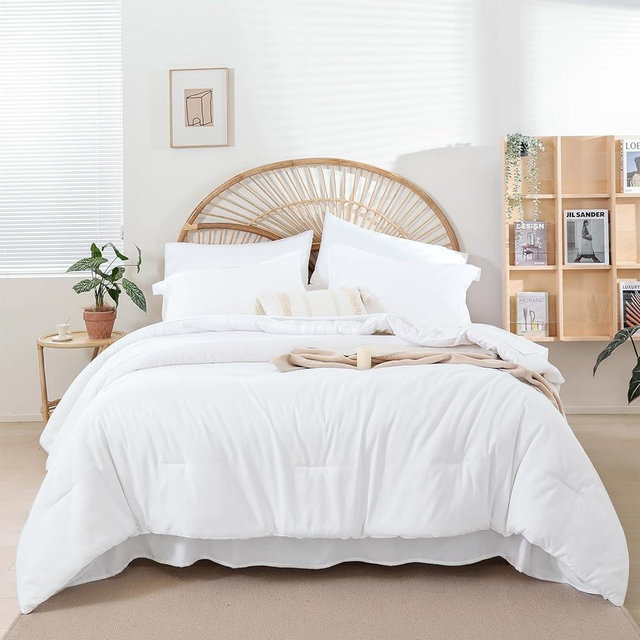 weigelia Queen Comforter Set White Comforter 7PCS Boho Comforter Queen Size Bed in a Bag Microfiber Bed Comforter Set for All Season with Fitted Sheets, Flat Sheets, Pillow Shams and Pillowcases