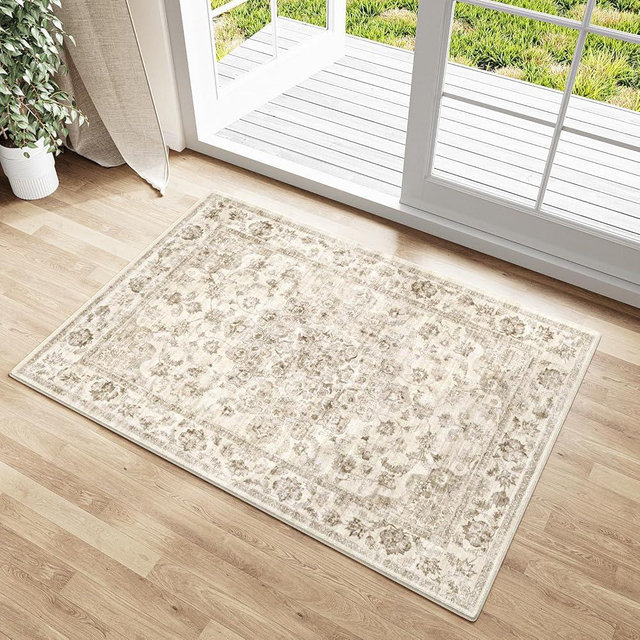 WondRg 2x3 Washable Neutral Area Rug Beige Entryway Kitchen Non-Slip Low Pile Floral Carpet Door Mat Vintage Soft Thin Small Throw Rug for Bathroom Bedroom Indoor Entrance