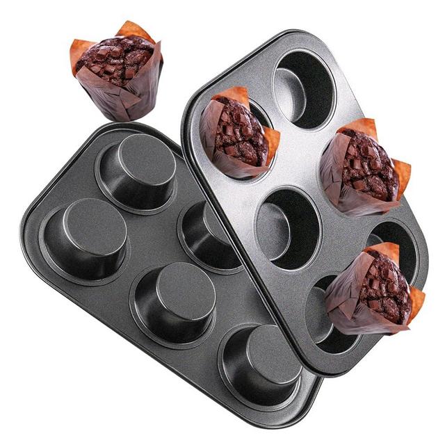 DRAONGYE 2 Packs 6 Cups Round Muffin Baking Pan, Premium Steel Muffin Pan for Baking, Cupcake Tin Cheesecake Pans, Bakeware Muffin Top Pan (Black)