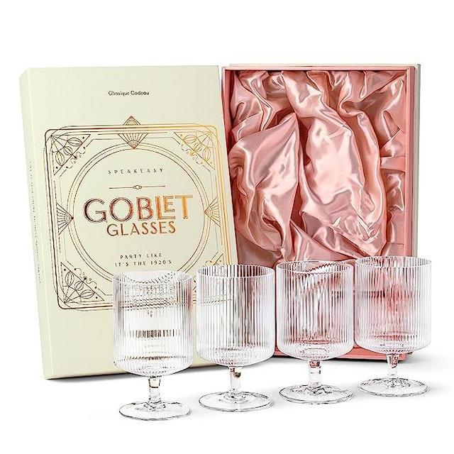 GLASSIQUE CADEAU Vintage Art Deco Ribbed Goblet Cocktail Glasses with Stem | Set of 4 | 10 oz Short Stemmed Crystal Tumblers for Drinking Classic Whiskey, Gin, Vodka Bar Drinks | Round Glassware Cup