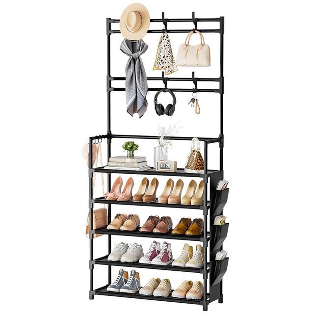 Shoe Rack 5 Tier Shoe Organizer Storage 15-20 Pairs Shoes Rack for Closet Entrance Shoe Rack Organizer with Hooks and Side Pocket Entryway Shoe Holder Space Saving Free Standing Shoe Racks