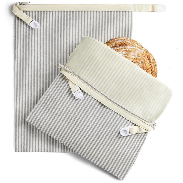 BRONYPRO Reusable Beeswax and Linen Bread Bags with Zipper, 2-Pack Waxed Bread Bags for Homemade Bread & Sourdough, Sustainable Sourdough Loaf Storage to Lock in Freshness, Large 17x12.6in, Grey